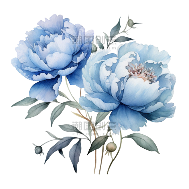 创意ai艺术蓝色花朵元素水彩植物牡丹芍药