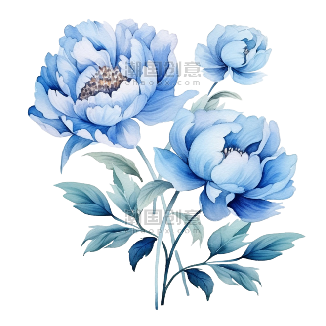 创意简约水彩植物牡丹芍药蓝色花朵元素免抠图案