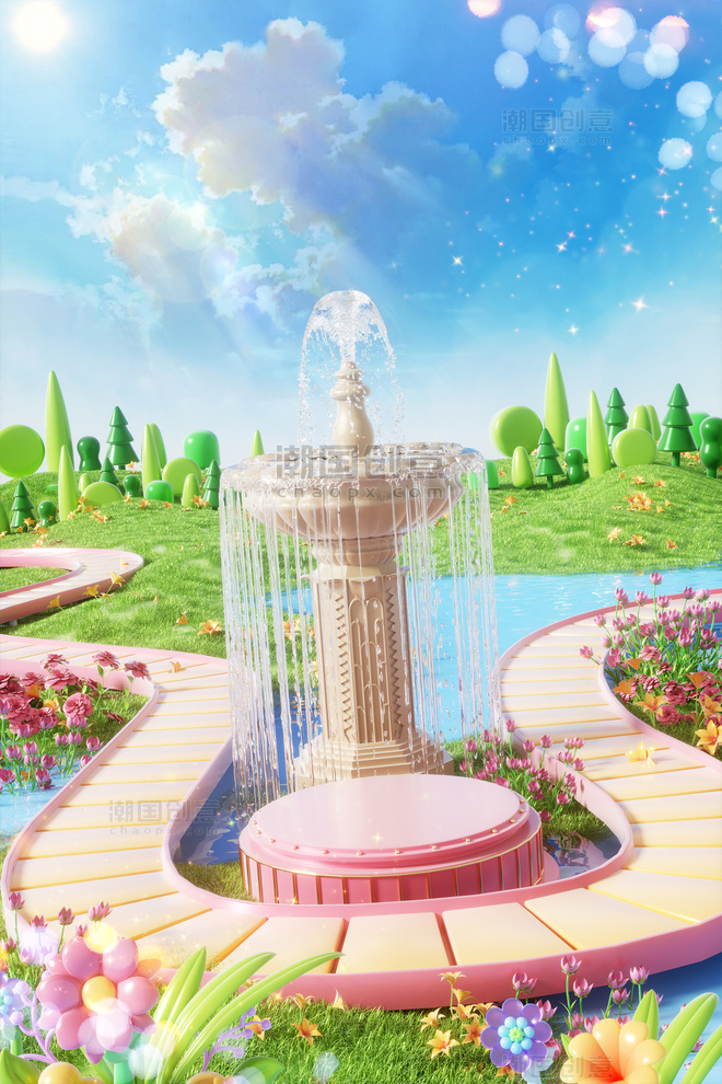 春天春季春日3D立体植物产品电商展台喷泉场景