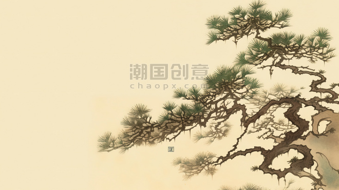 创意松树迎客松古代中国风水墨绘画插画