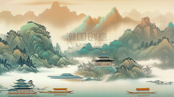 创意中国风古代山水画中国风水墨插图