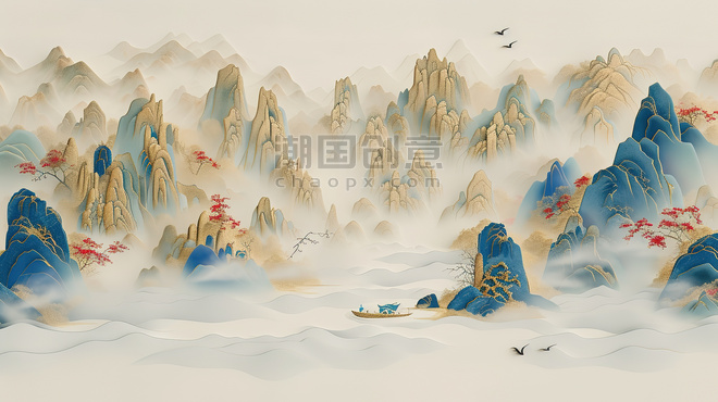 创意中国风山脉鎏金抽象画素材