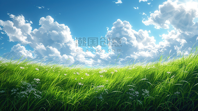 创意春天的草地草坪阳光天空插画
