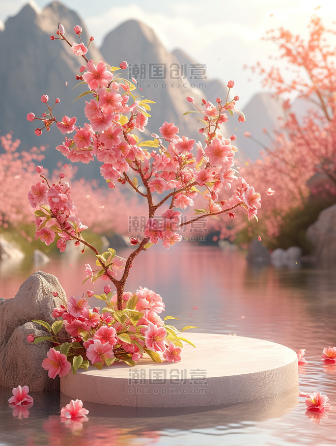 创意春天温暖阳光樱花季植物桃花电商展台图片