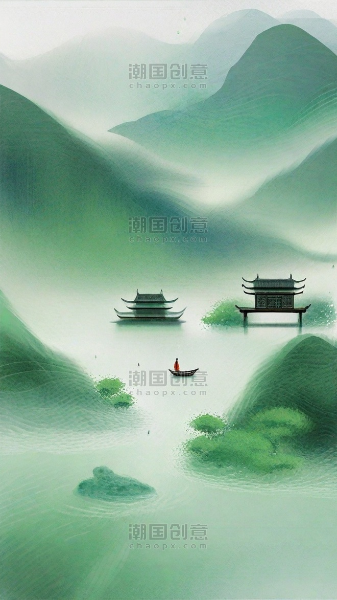创意国风青绿色水墨清明节中国风山水清明节背景