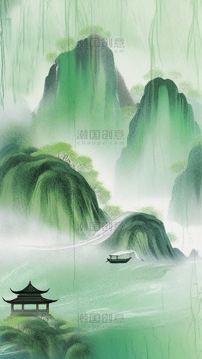 中国风创意国风晕染青绿色水墨清明节山水背景