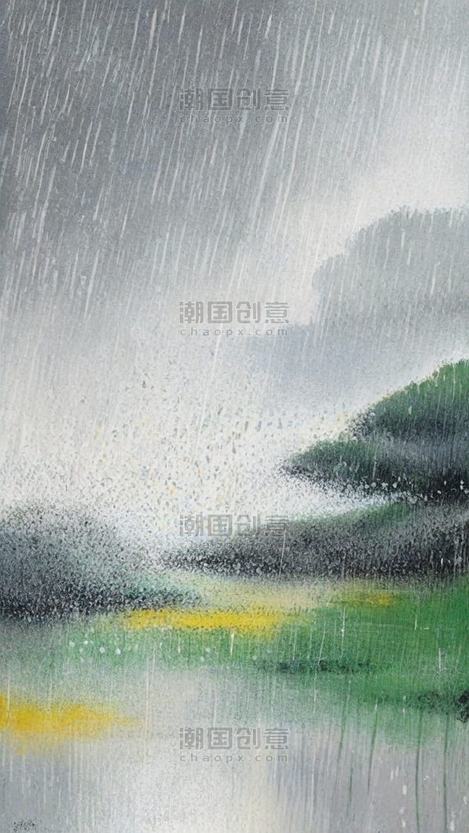 创意清新春天雨中风景背景清明节下雨植物中国风背景图片