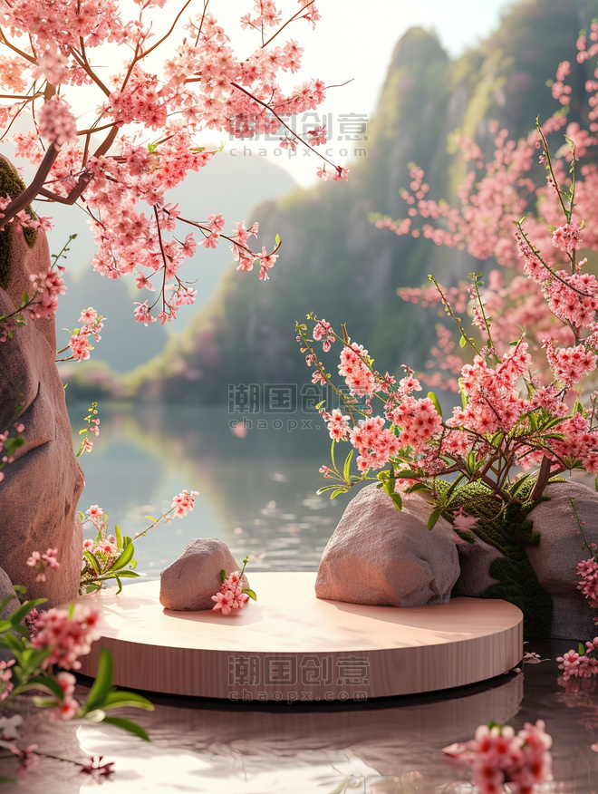 创意春天温暖阳光桃花樱花季植物电商展台设计图