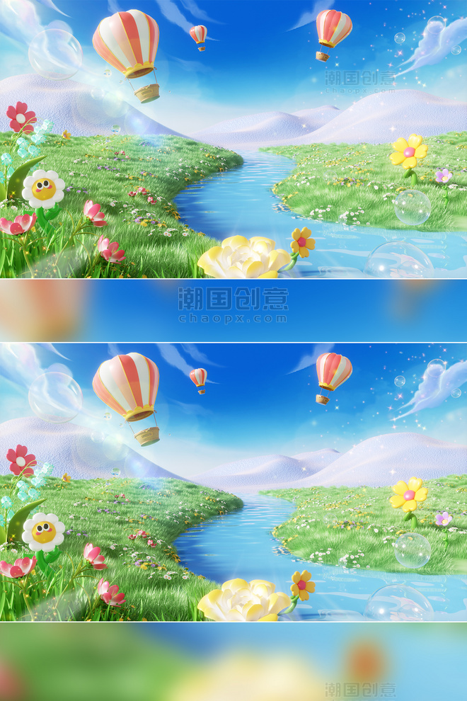 春季户外3D草地植物热气球春天小清新场景