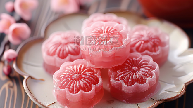 创意粉红色樱花软糖春天糖果甜点背景图片