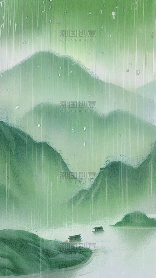 创意国风青绿色水墨中国风清明节晕染山水背景8
