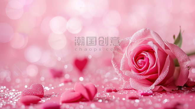 创意粉红色玫瑰花朵闪光情人节妇女节浪漫唯美背景