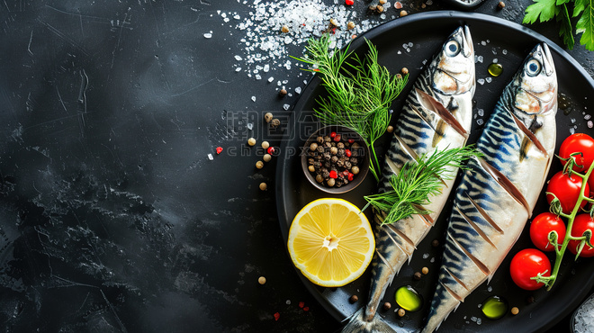 创意秋刀鱼海鲜美食煎鱼素材生鲜餐饮摄影