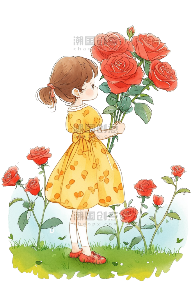 创意可爱女孩鲜花草地手绘春天浪漫唯美玫瑰花童话免抠元素