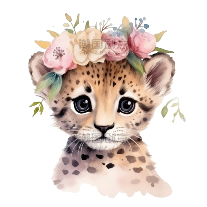 创意绘画可爱花豹元素免抠图案水彩动物