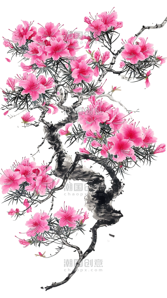 创意春天手绘元素植物树木花朵中国风水墨杜鹃花