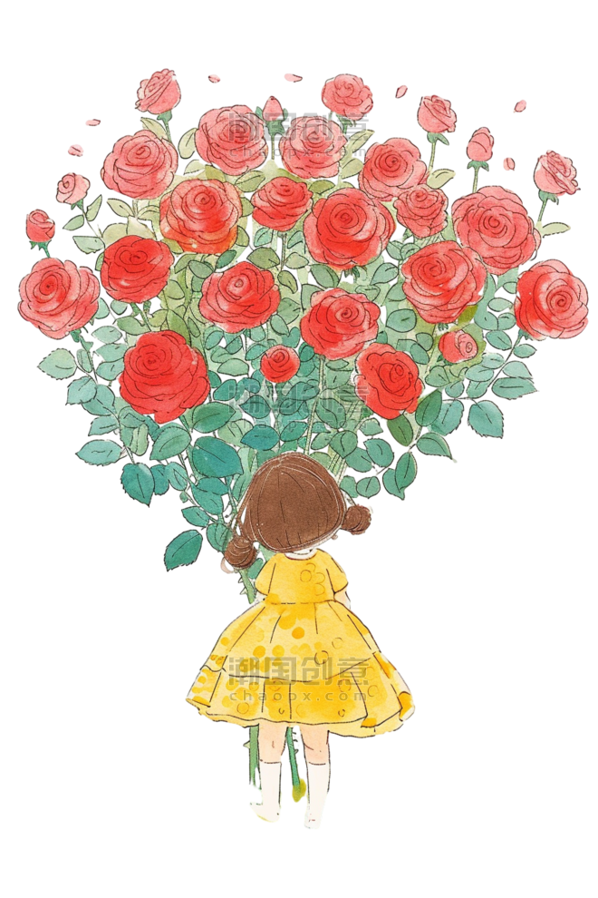 童话玫瑰花春天可爱女孩鲜花草地手绘免抠元素