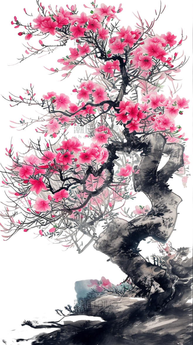 创意植物树木花朵手绘元素春天中国风水墨杜鹃花