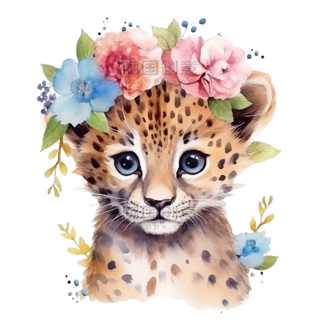 创意水彩动物合成可爱花豹元素免抠图案