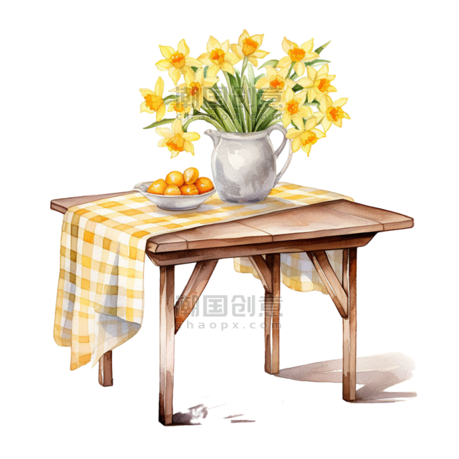 创意艺术花朵桌子元素水仙花免抠图案水彩花卉植物温馨