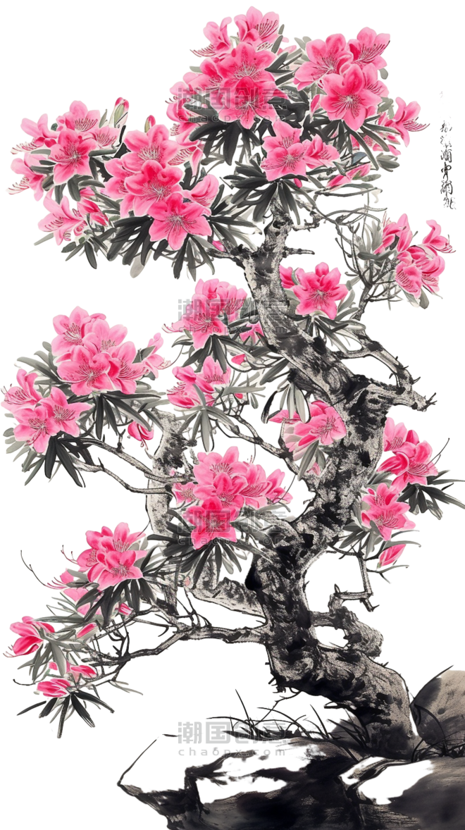 创意手绘春天中国风水墨杜鹃花植物树木花朵元素