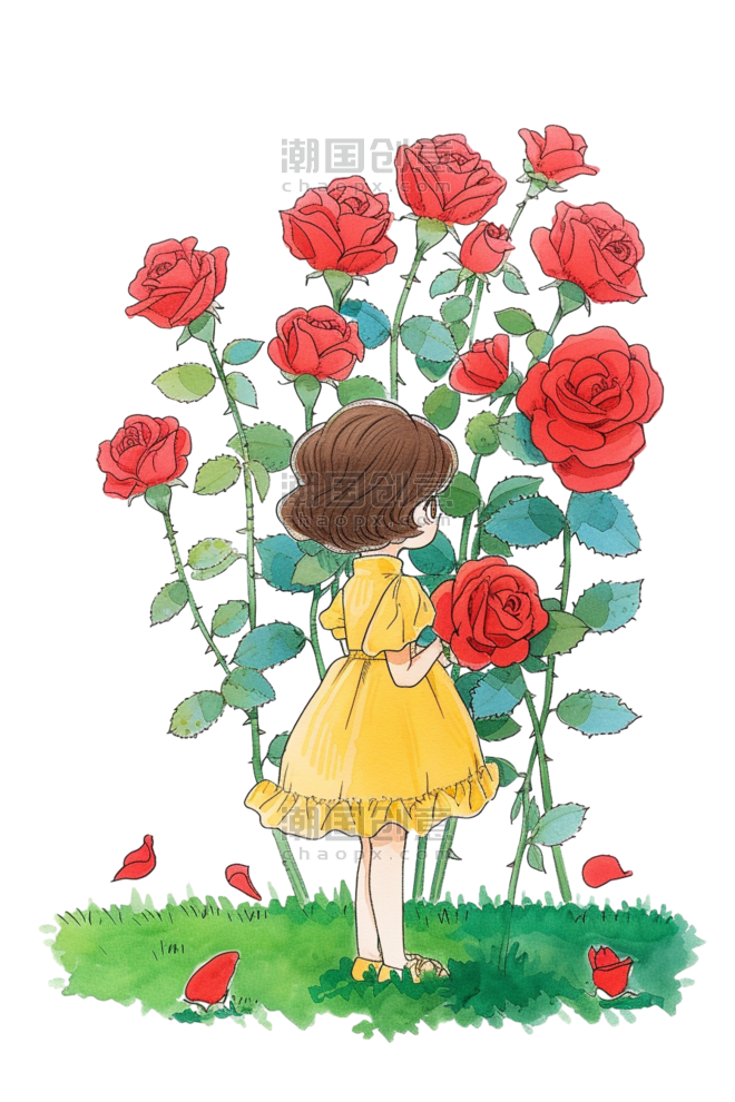 创意浪漫唯美春天可爱女孩玫瑰花童话鲜花草地手绘免抠元素