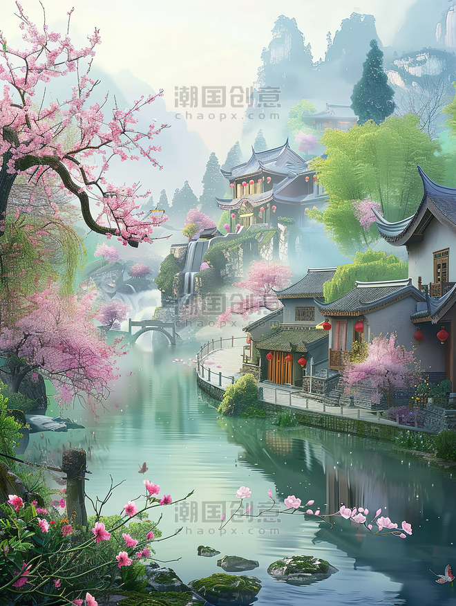 春天江南水乡风景创意盛开的花朵的村庄原创插画