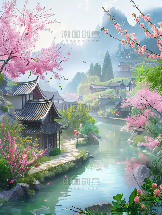 创意春天江南水乡风景盛开的花朵的村庄图片