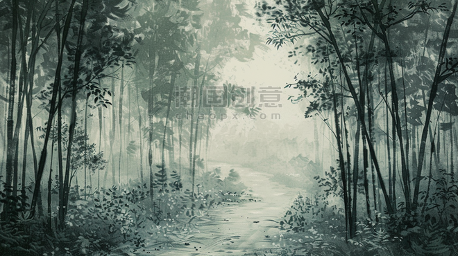 创意清明中国风竹林春季大自然森林里竹子风景风光的插画17