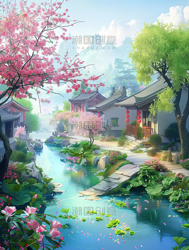 春天江南水乡风景盛开的花朵的村庄图片