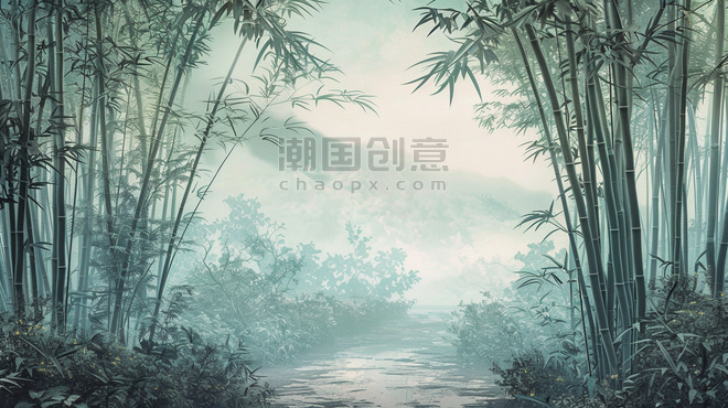 创意春季大自然森林里竹子风景风光的清明中国风竹林插画12