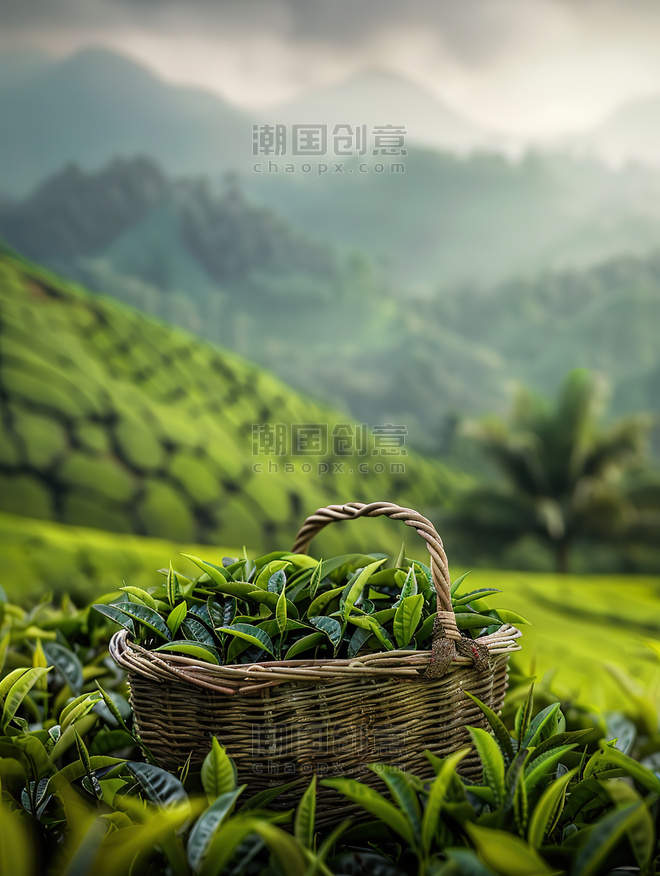 农田风光田园装满茶的竹篮茶园摄影照片