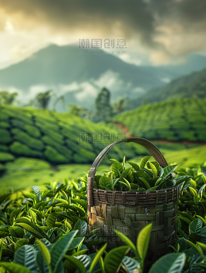 创意农田风光田园装满茶的竹篮茶园摄影图