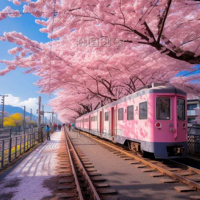 创意这是日本仙台的一个受欢迎的樱花景点途经樱花林的小火车