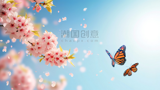 创意粉红色樱花和飞翔的蝴蝶背景