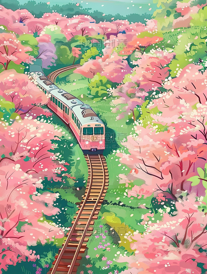创意开往春天的列车樱花插画