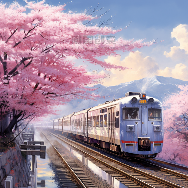创意铁道上美丽的樱花春景春天植物花卉高铁列车火车