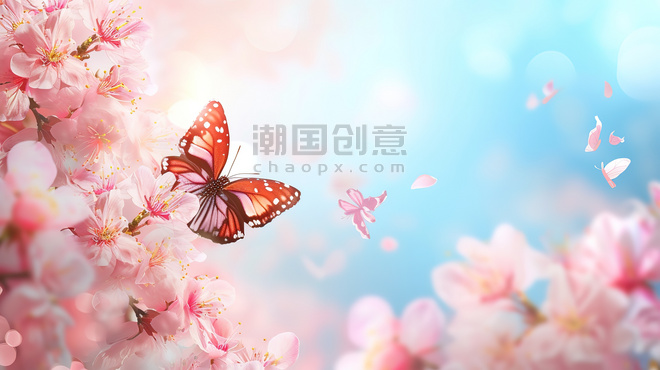 创意粉红色樱花和飞翔的蝴蝶设计