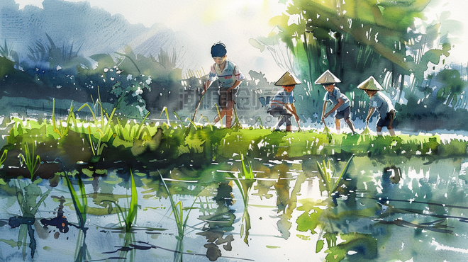 创意春耕种田水彩绘画田地里农民儿童种水稻的插画12