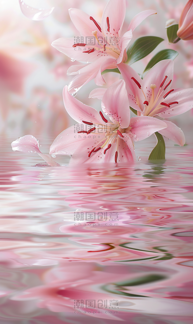创意浪漫花朵植物水面唯美粉红色百合背景4