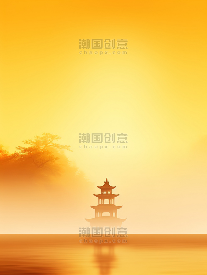 创意新中式山水建筑日落风景杭州矢量插画