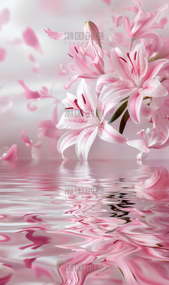 创意唯美粉红色百合浪漫花朵植物水面背景5