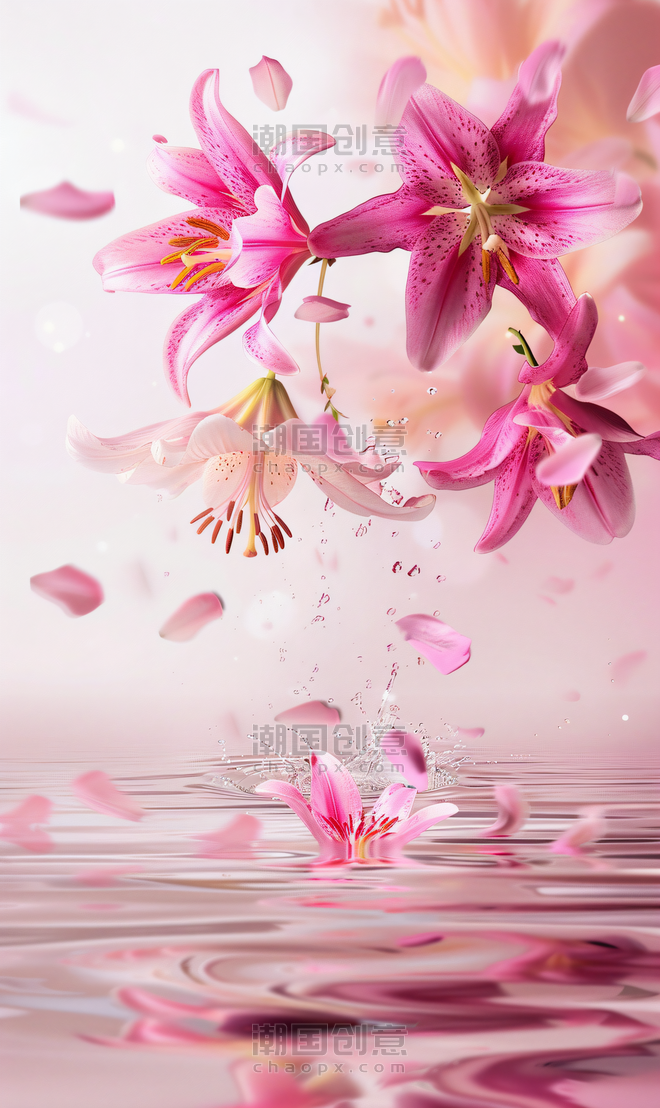 创意唯美粉红色百合浪漫花朵植物水面背景7