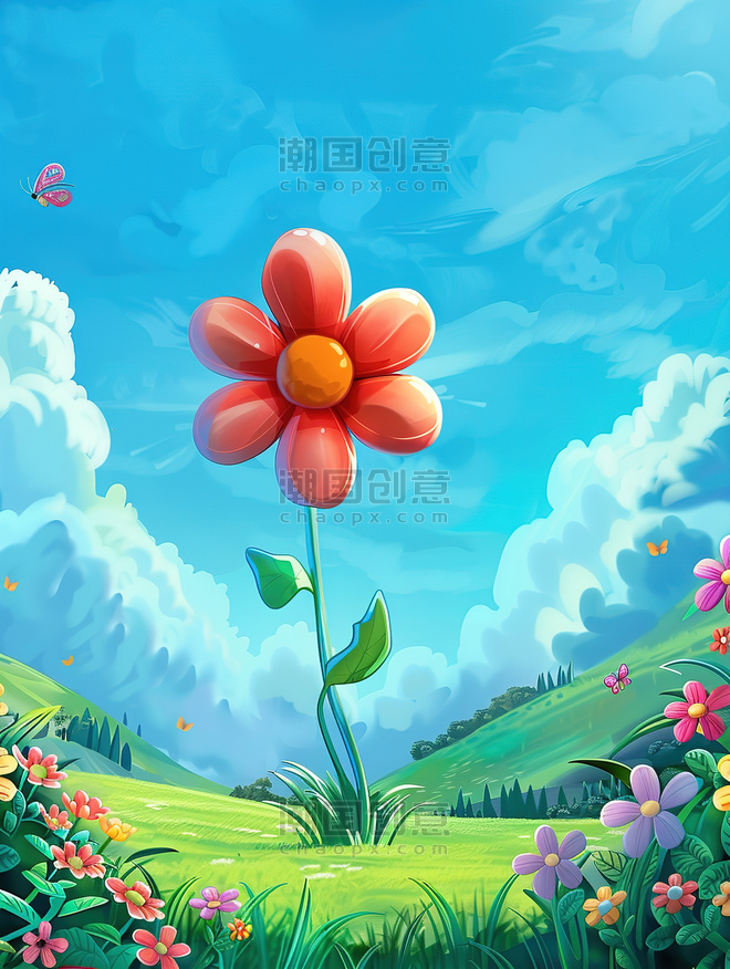 创意春天蓝天巨大的花朵植物矢量插画