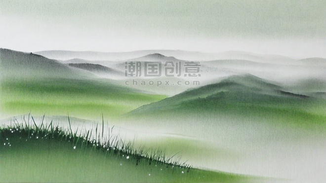 创意简约绿色彩墨春天清明节中国风水彩背景素材