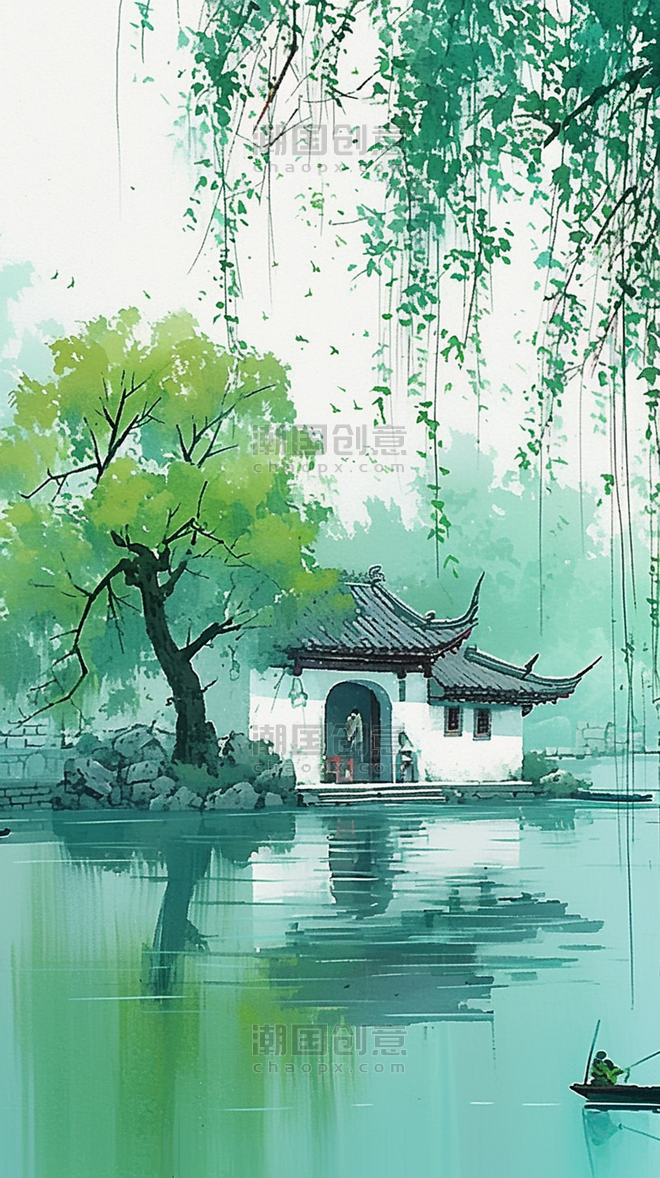 创意青绿色水墨清明节山水园林中国风江南水乡背景