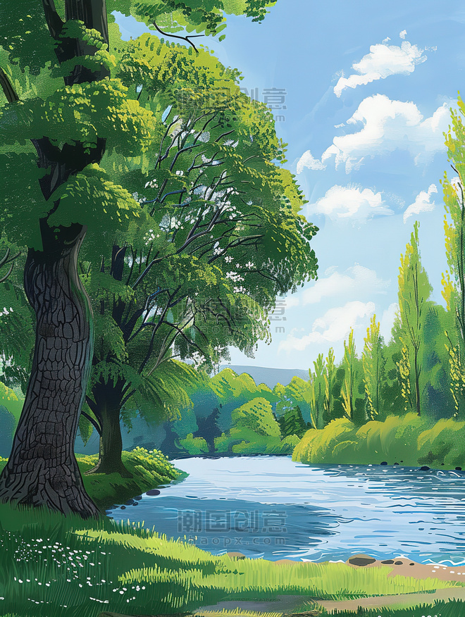 创意公园湖边大树绿树成荫插风景画