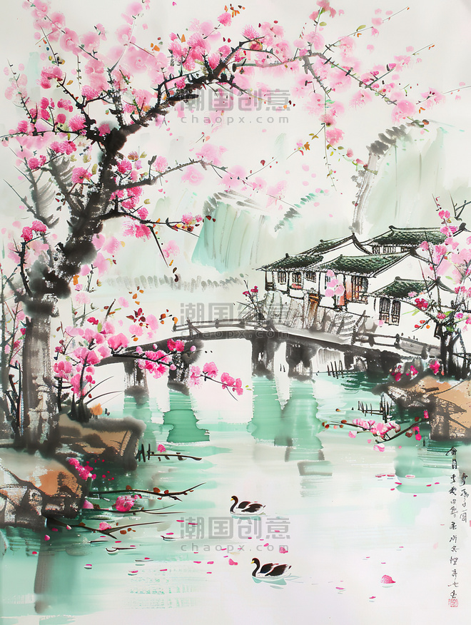 创意桃树盛开的春水风光池塘春天春季江南中国风水墨插画