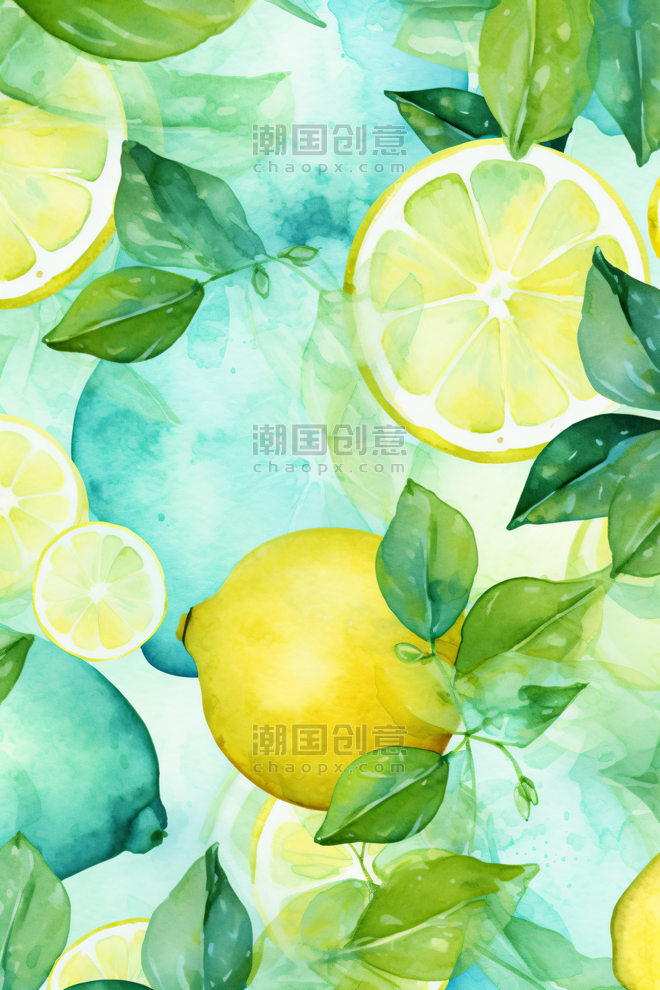 夏天清凉水果柠檬和薄荷在轻绿松石背景