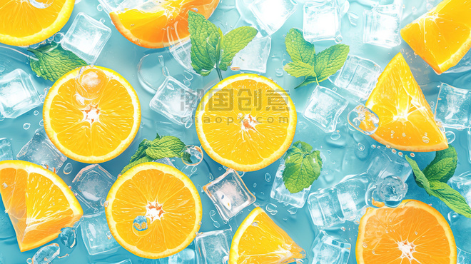 创意夏天清凉水果切片的橙子冰块薄荷叶摄影配图
